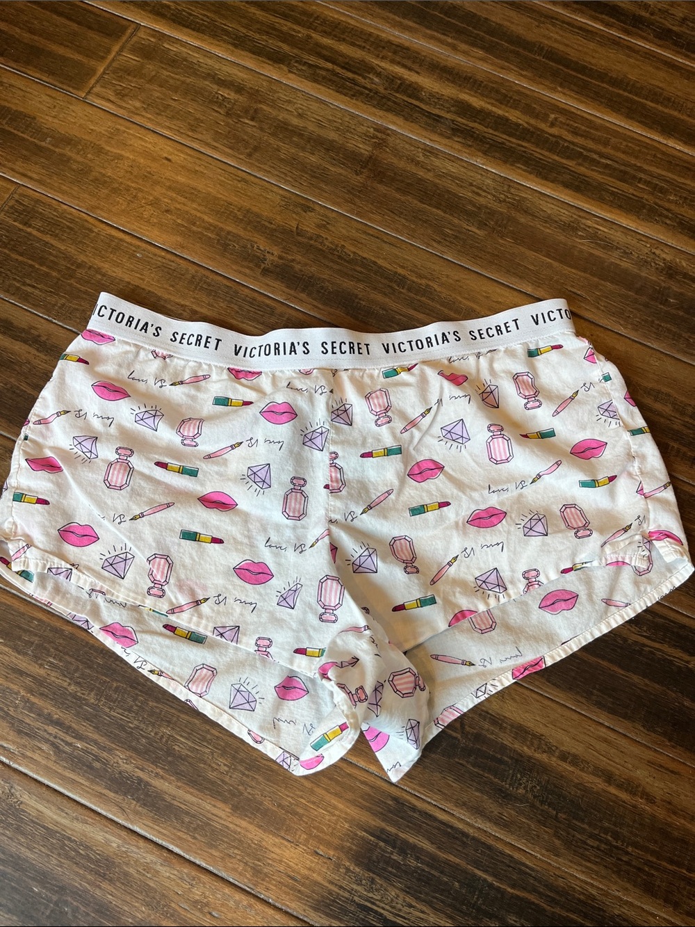 Victoria's Secret White Lounge Shorts with Pink Lip & Makeup Print
